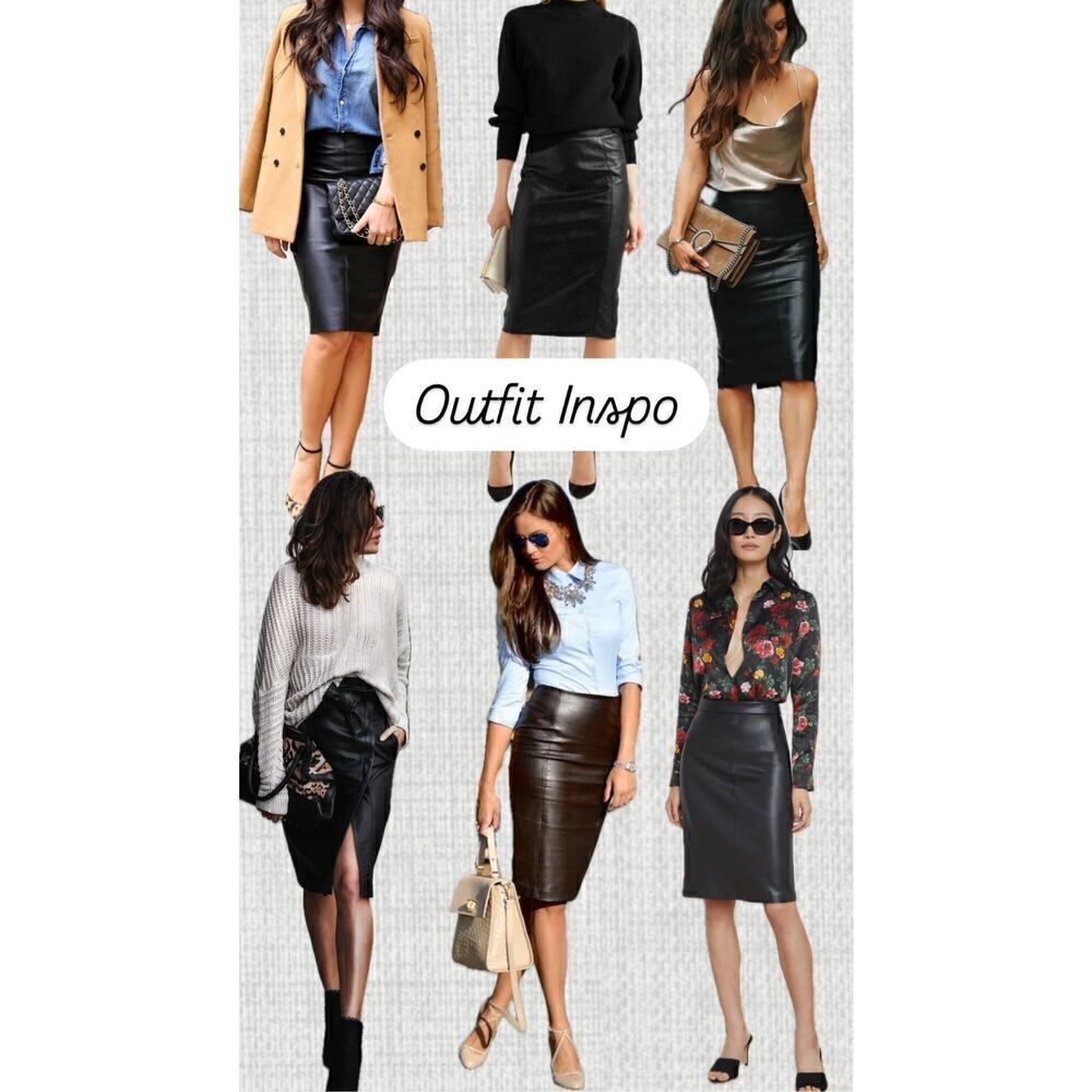 Vintage 1990’s Mixit Black Genuine Leather High Waisted Pencil Skirt Size 6